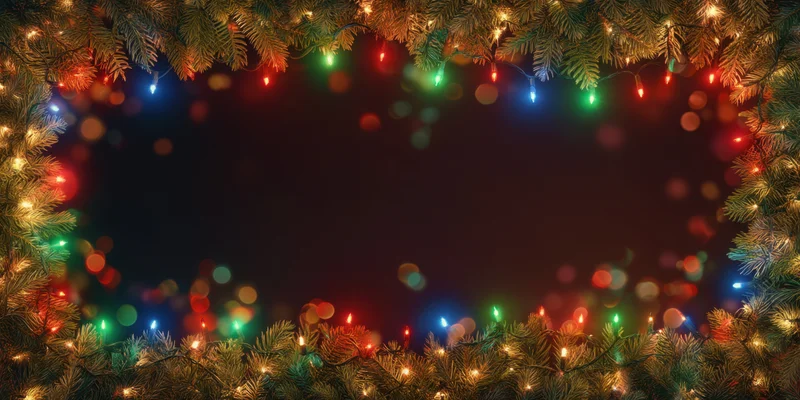 Evergreen branches with colorful string lights arranged as a festive frame with blurred bokeh background and copyspace in center