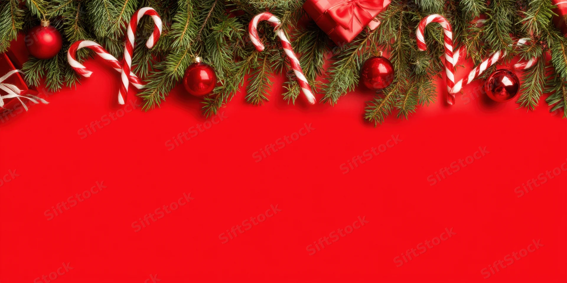 Evergreen branches with red ornaments, candy canes, and gifts arranged as a top border on red background