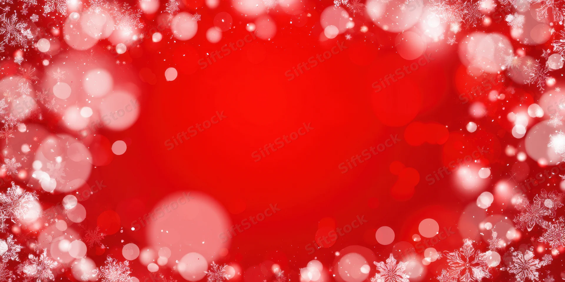 Red festive background with snowflakes and bokeh lights arranged in a border frame