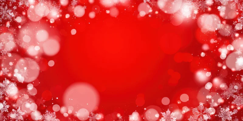 Red festive background with snowflakes and bokeh lights arranged in a border frame