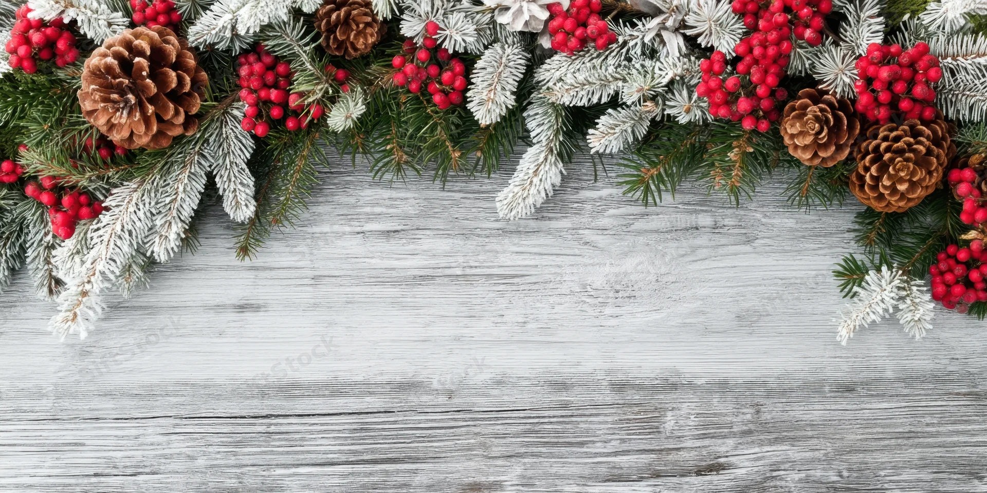 Evergreen branches with pinecones and red berries arranged as a frosty winter border on a white wooden surface