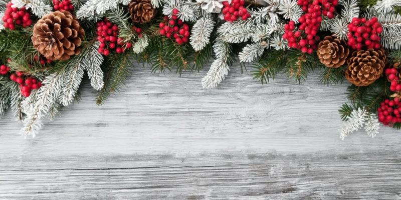 Evergreen branches with pinecones and red berries arranged as a frosty winter border on a white wooden surface
