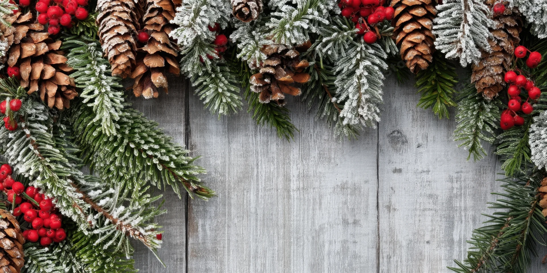 Frost-covered evergreen branches with pinecones and red berries arranged as a border on a gray wooden surface