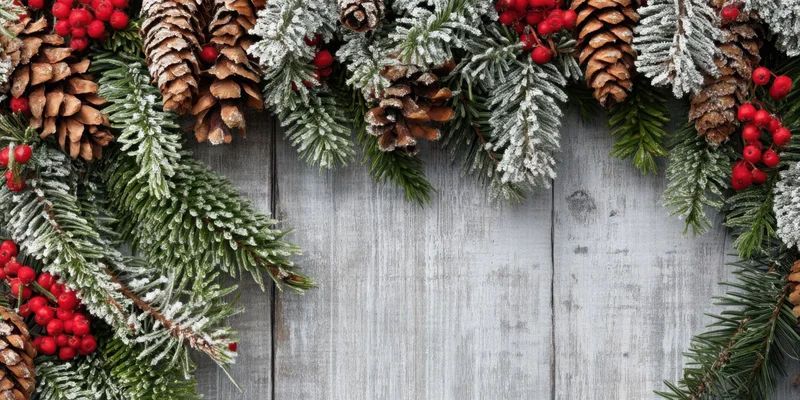 Frost-covered evergreen branches with pinecones and red berries arranged as a border on a gray wooden surface