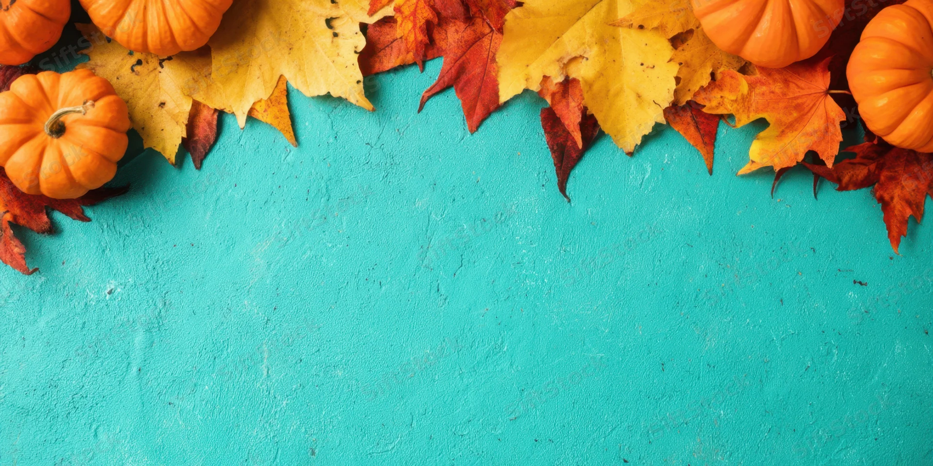 Small orange pumpkins and autumn leaves arranged in a border on a teal surface