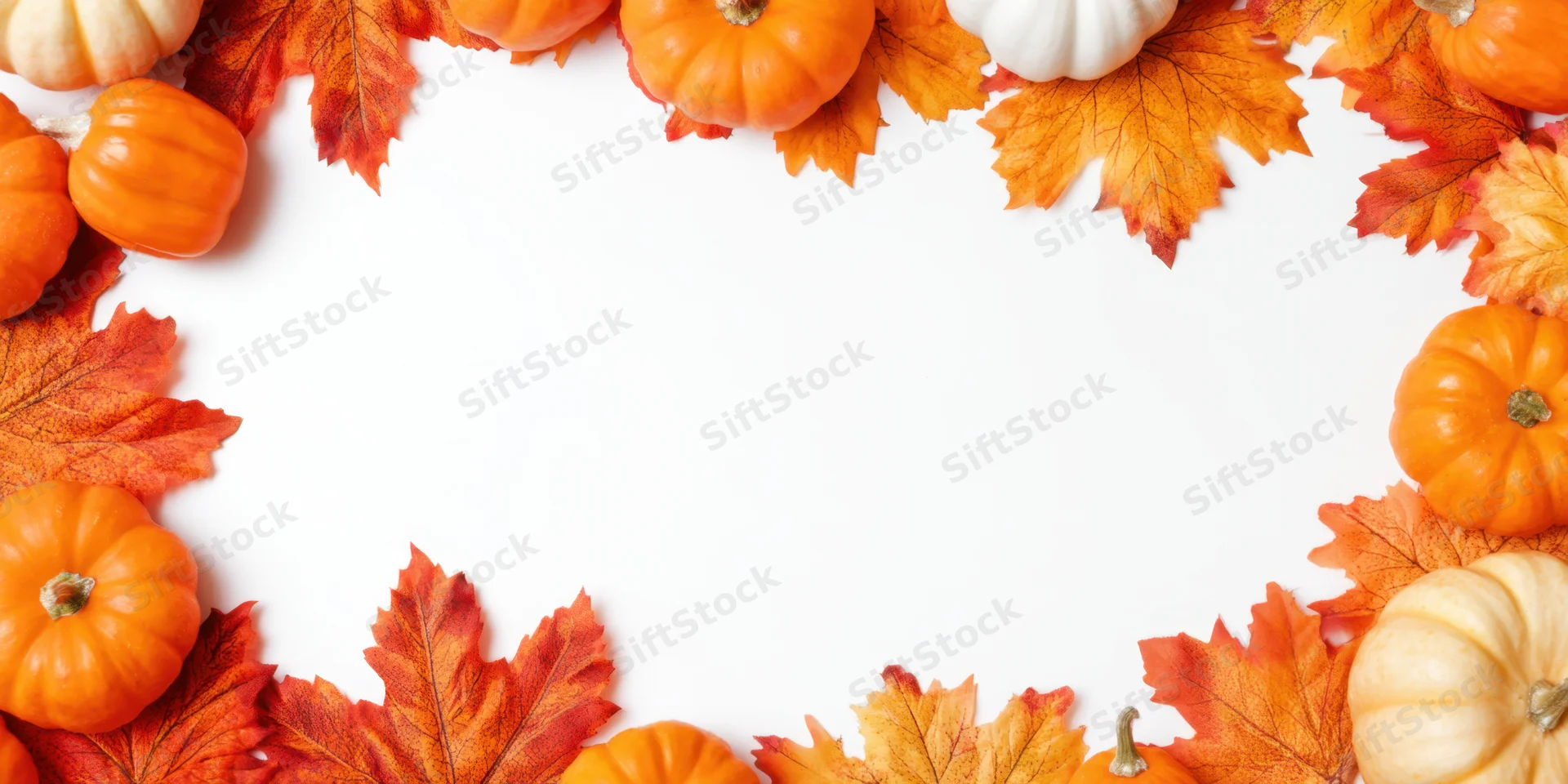 Small orange and white pumpkins with autumn leaves arranged in a frame on white background
