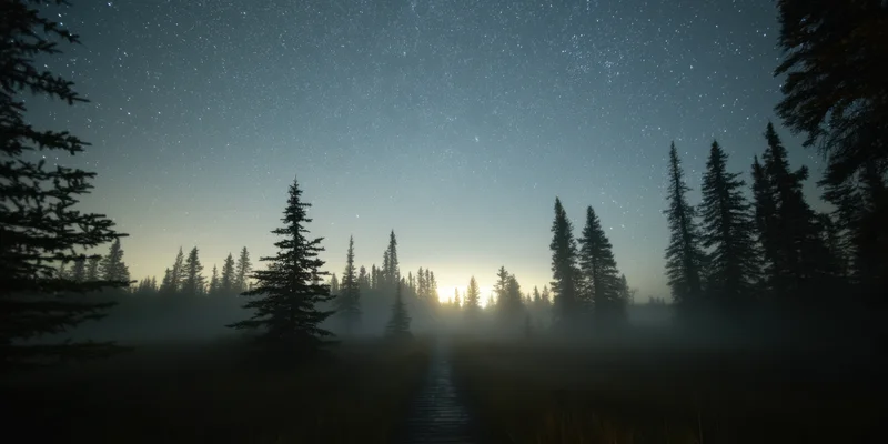 Wooden path through foggy forest at night under starry sky