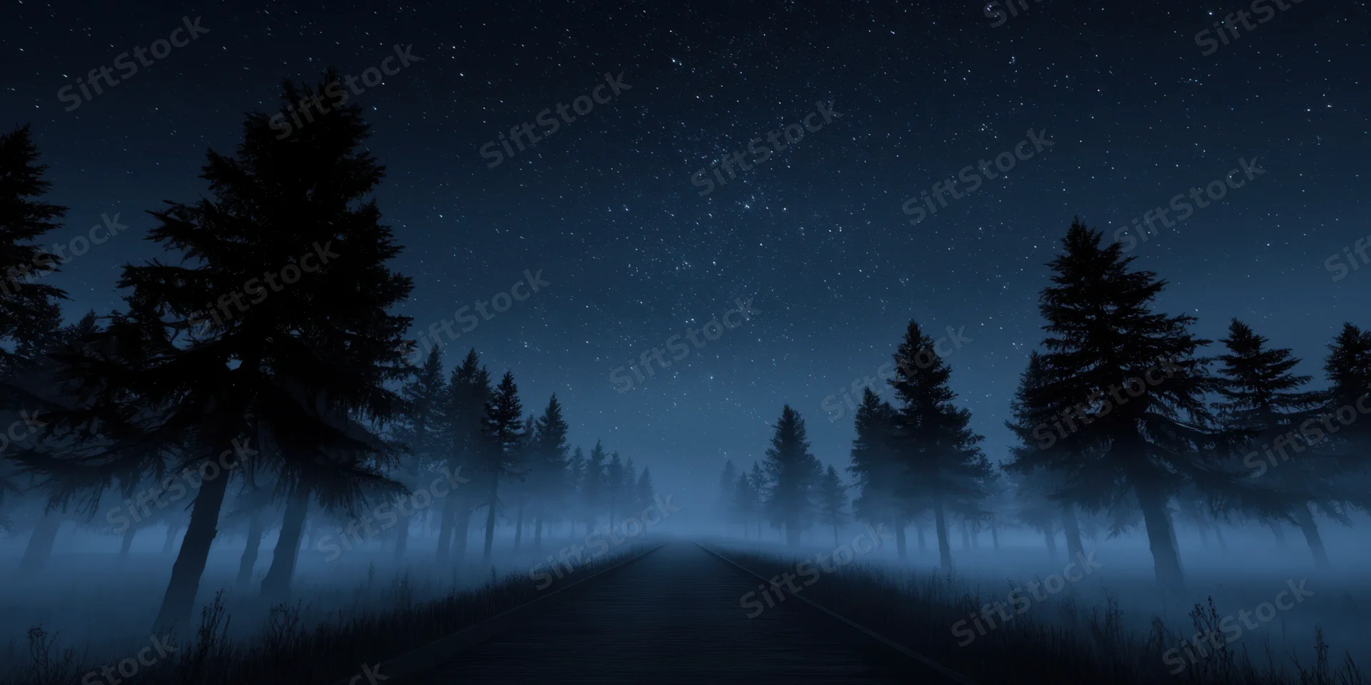 Dark wooden road stretching through foggy forest under starry night sky