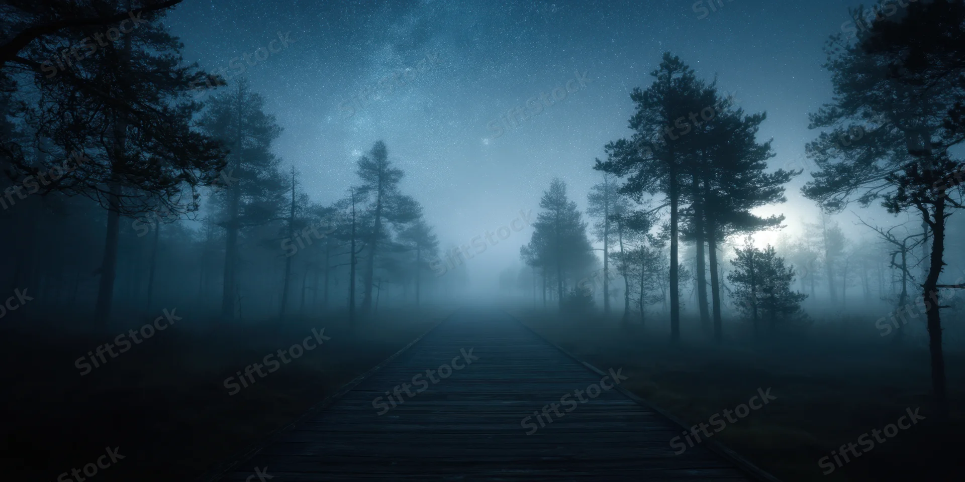 Wooden path through foggy forest at night under starry sky