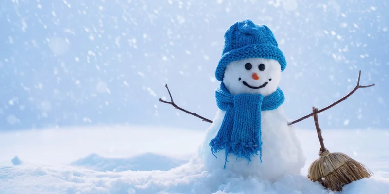 Snowman wearing blue knit hat and scarf standing in snow with broom and branches for arms