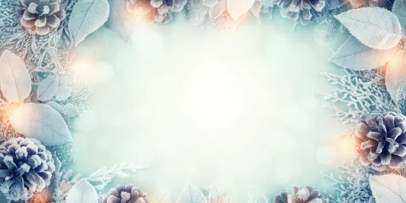 Frosted pinecones and leaves arranged in a winter frame with soft glowing lights and copyspace in center