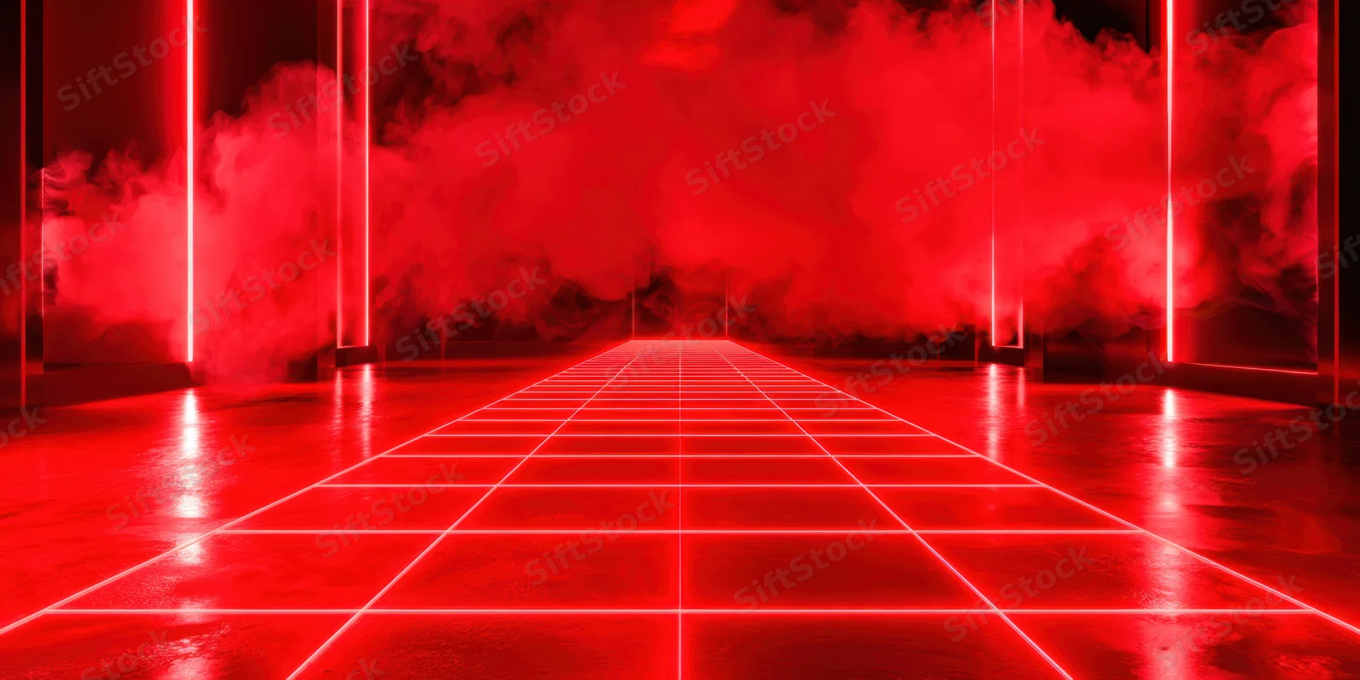 Red neon laser grid stretching into a smoky futuristic chamber