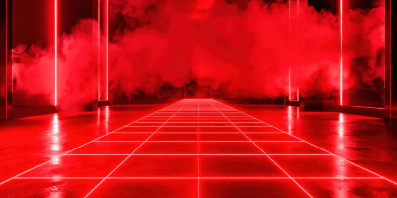 Red neon laser grid stretching into a smoky futuristic chamber