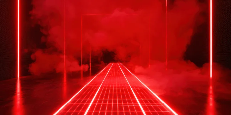 Red neon laser grid forming a tunnel in a smoky futuristic chamber