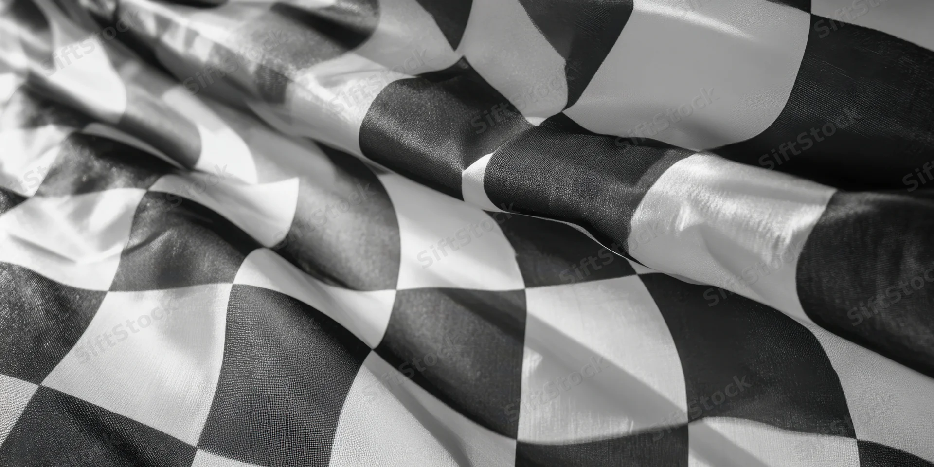 Checkered flag fluttering in wind closeup with folds and sheen