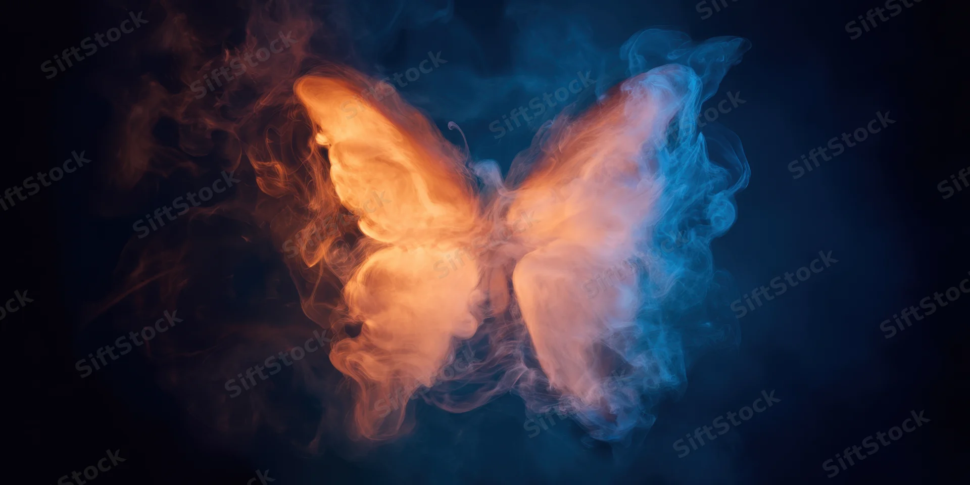 Luminous butterfly-shaped smoke swirl in orange and blue against dark background