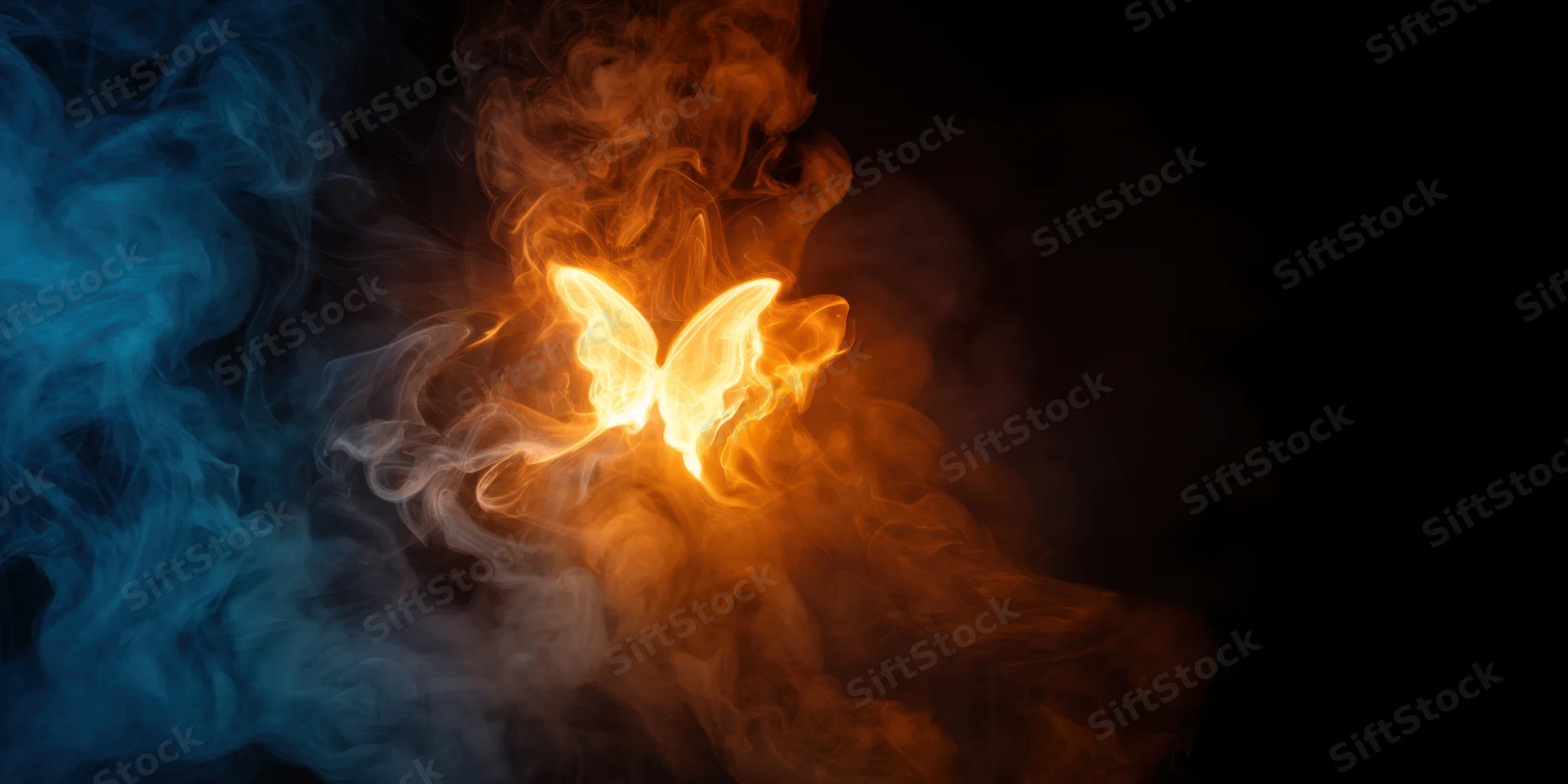 Luminous butterfly-shaped glow emerging from swirling orange and blue smoke against dark background