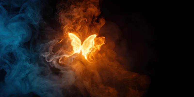 Luminous butterfly-shaped glow emerging from swirling orange and blue smoke against dark background