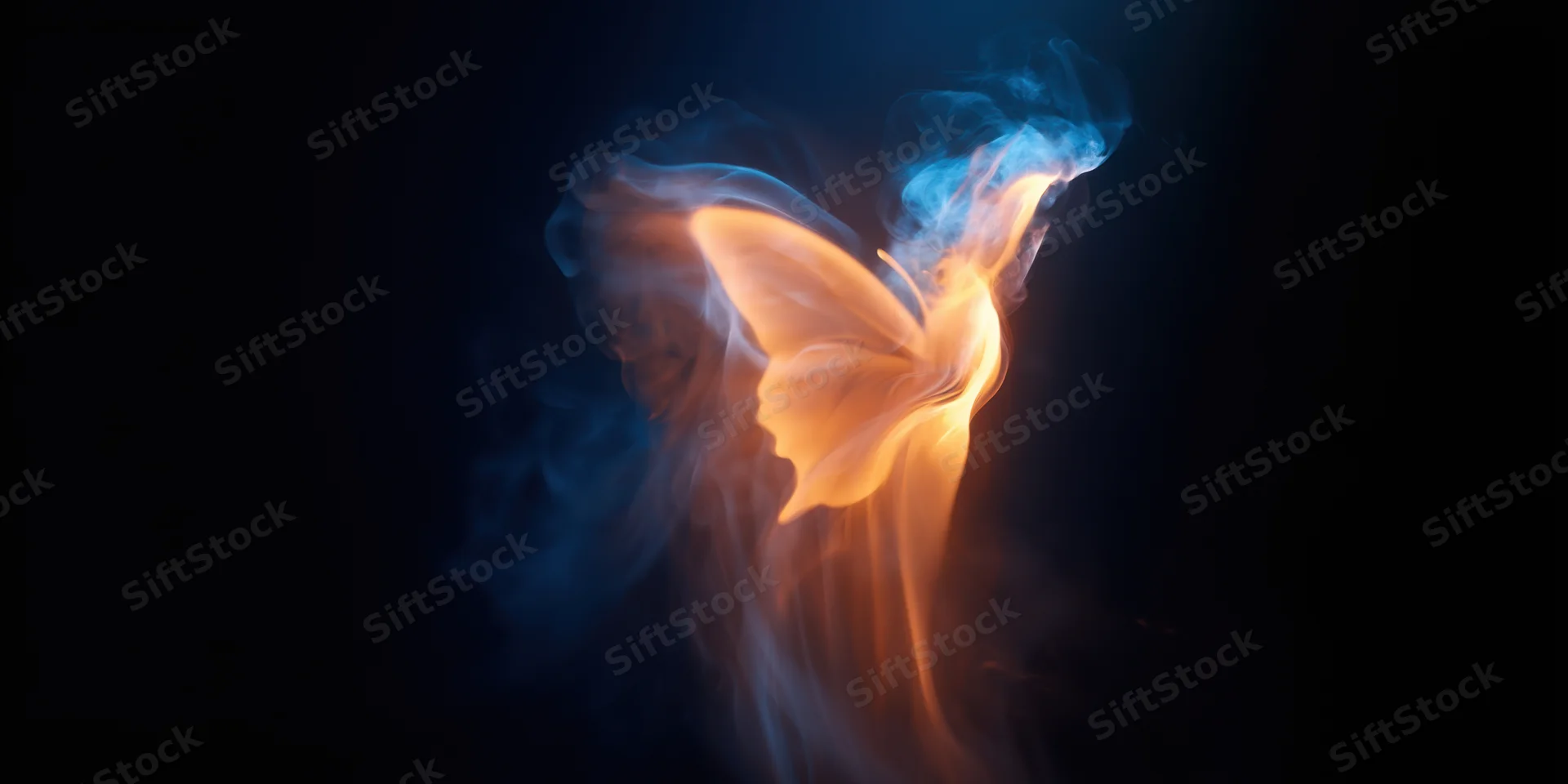Luminous butterfly-shaped glow emerging from swirling orange and blue smoke against dark background