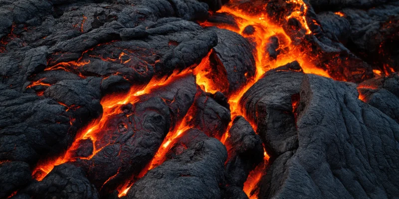 Glowing red lava flowing through cracks in black volcanic rock