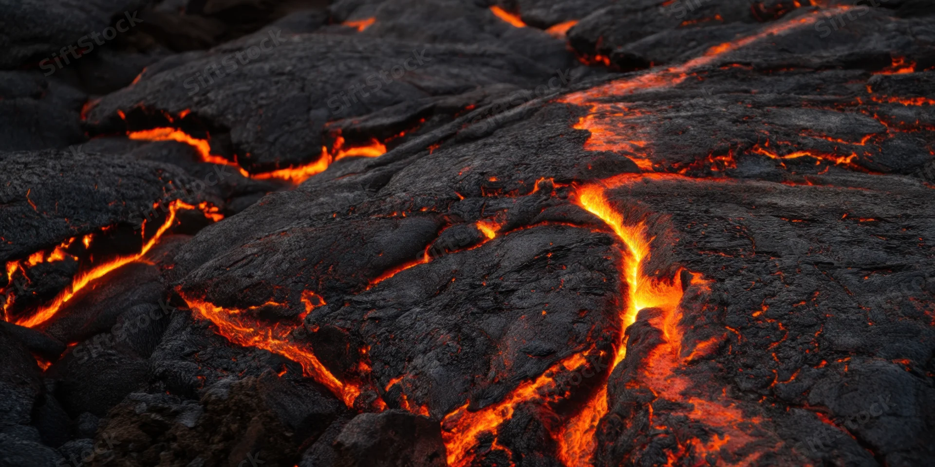 Glowing lava flowing through cracks in black volcanic rock