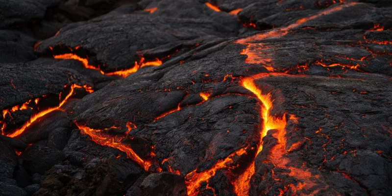 Glowing lava flowing through cracks in black volcanic rock