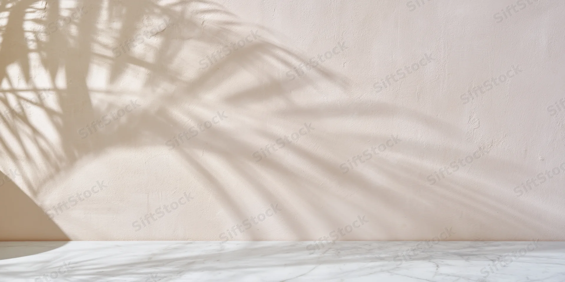 Palm shadow cast on textured wall above marble floor in minimal interior