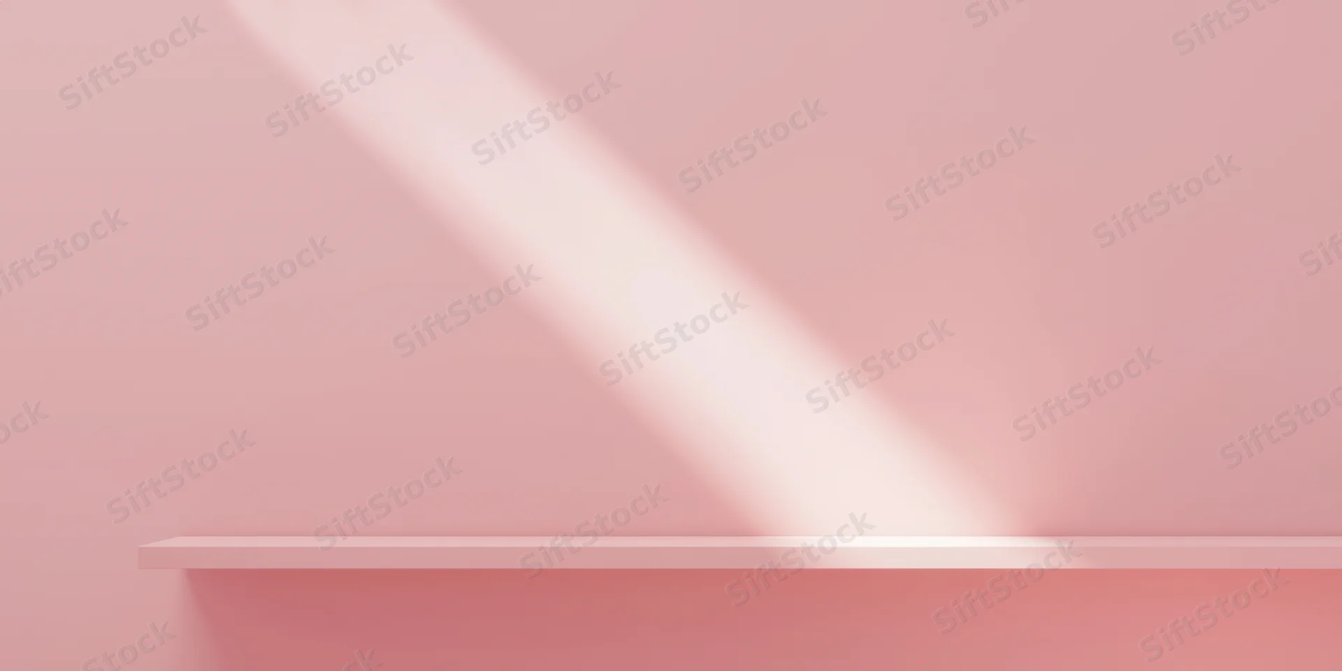 Pink shelf with diagonal light beam in minimal interior