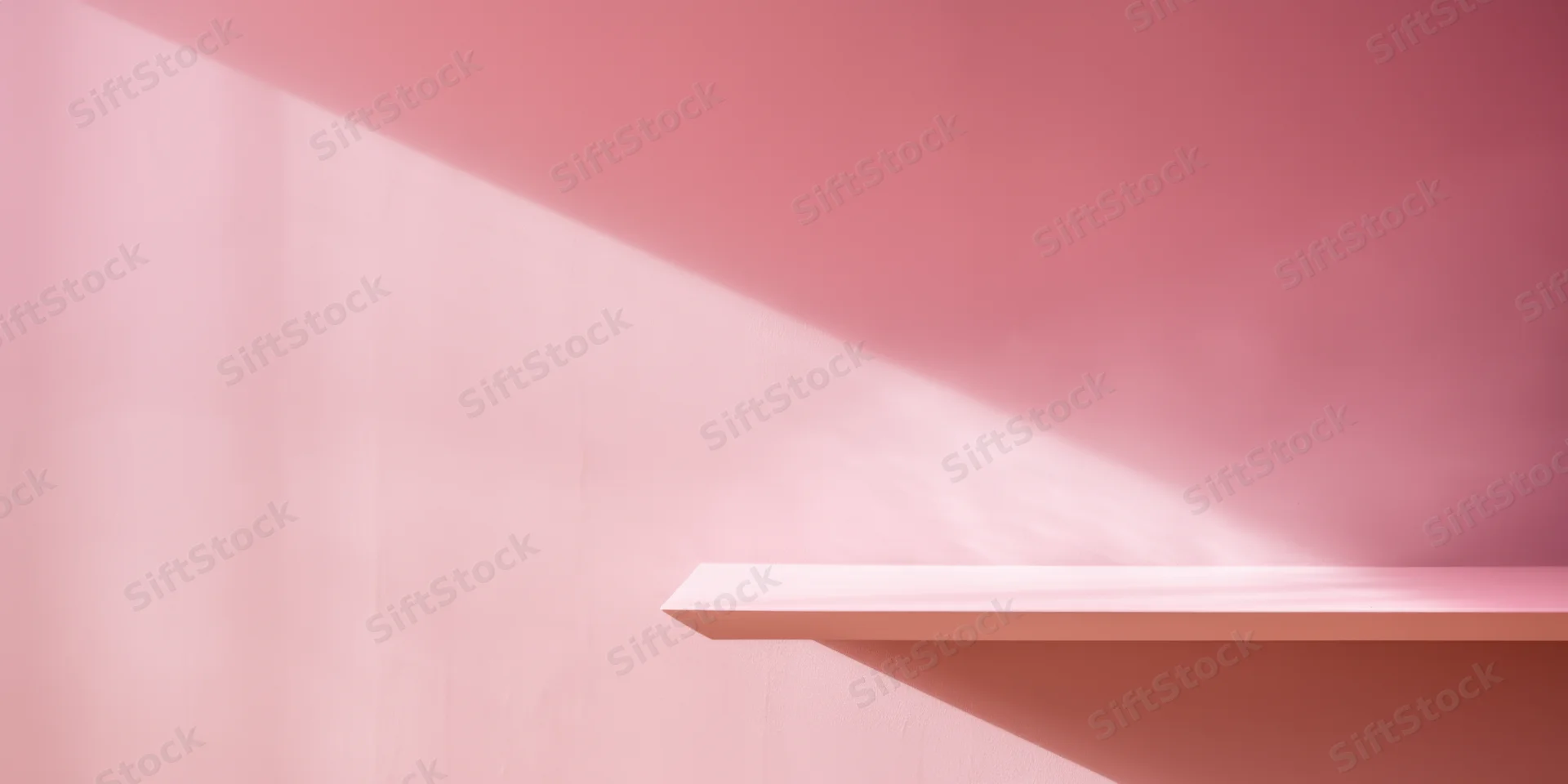 Empty pink shelf in a minimal interior with diagonal light beam casting shadow on wall