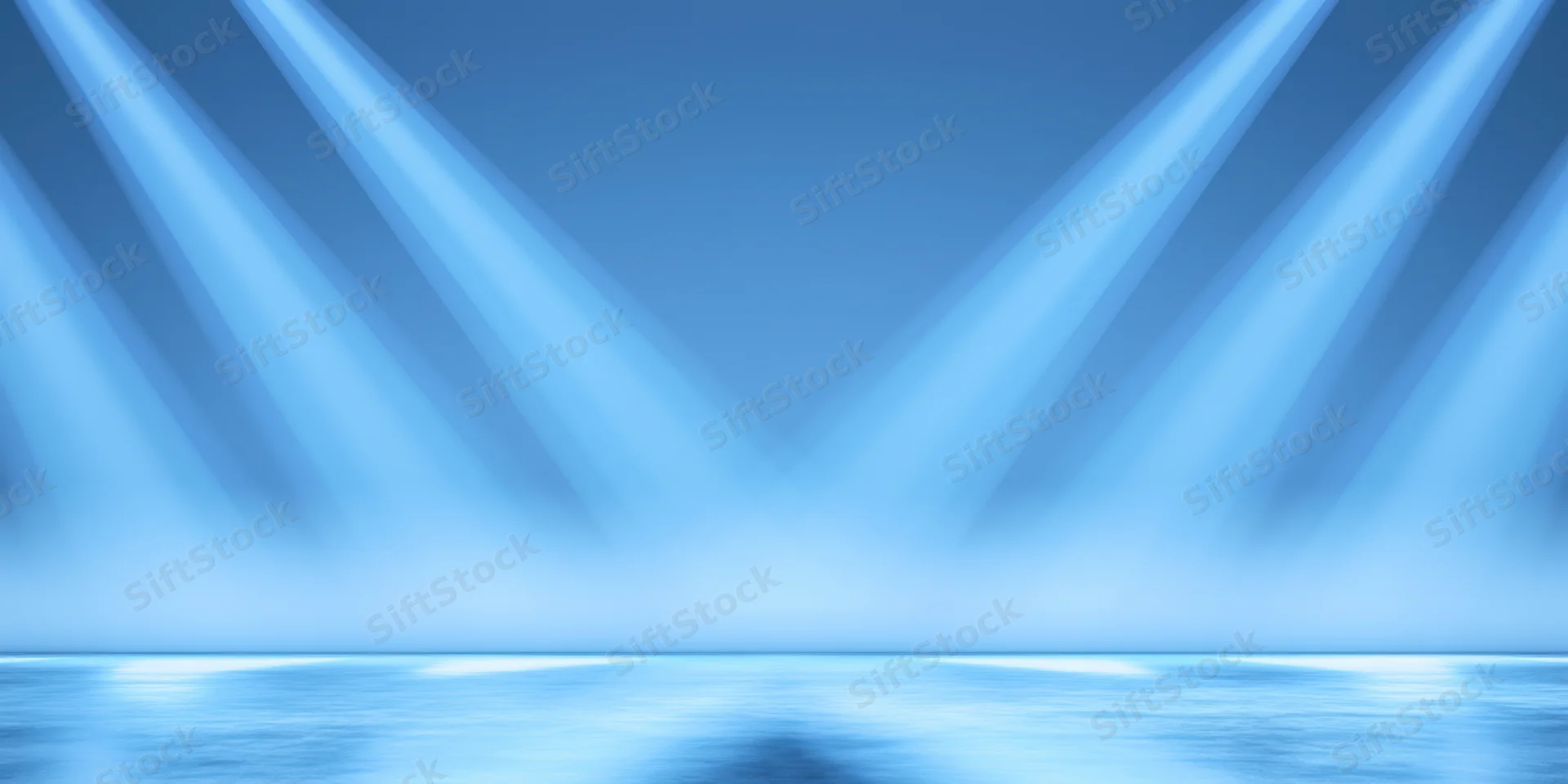 Diagonal blue light beams illuminating an empty glossy stage floor