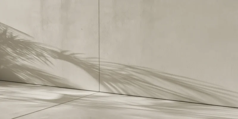 Palm leaf shadow on pale plaster wall and tiled floor in minimalist interior