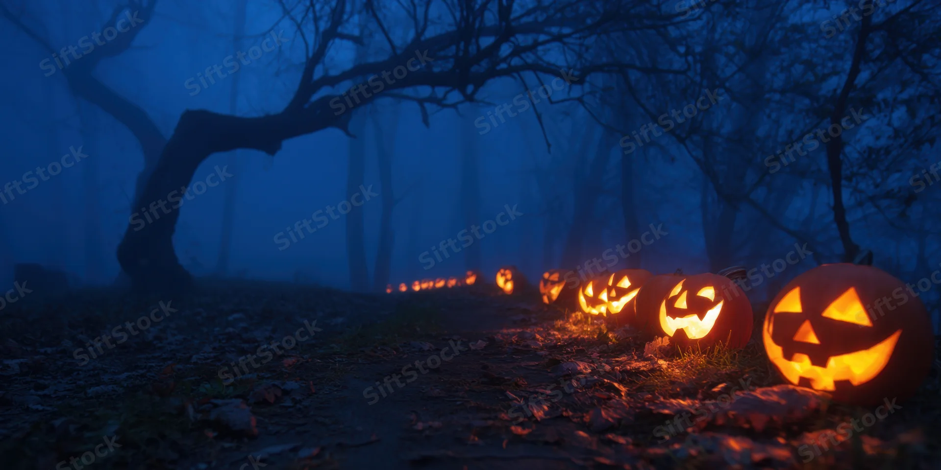 Row of glowing jack-o-lanterns lining a misty forest path at night