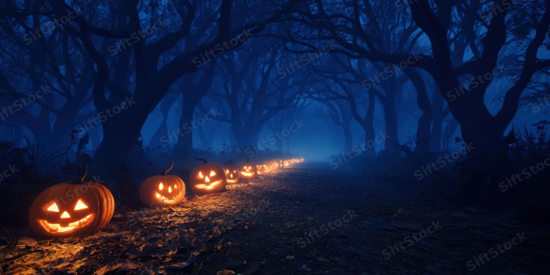 Row of glowing jack-o-lanterns lining a misty forest path at night