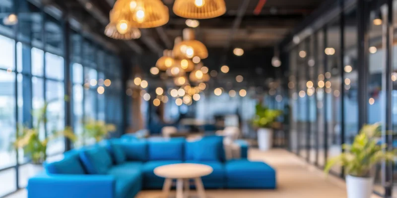 Modern office lounge with blue sectional sofa and round coffee table surrounded by glass partitions and warm pendant lighting
