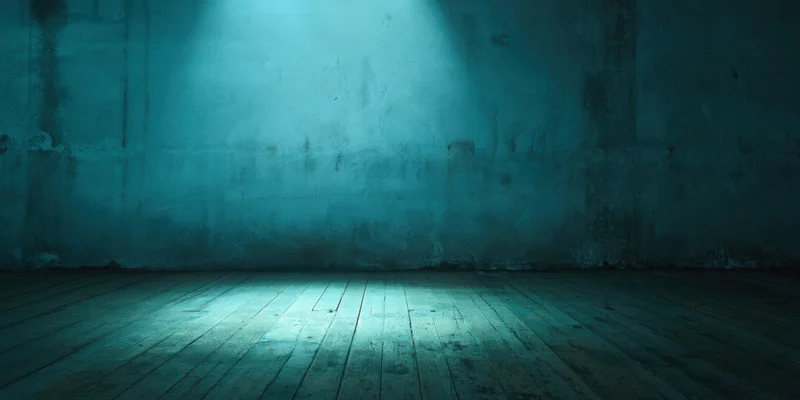 Empty industrial room with spotlight on weathered concrete wall and wooden floor