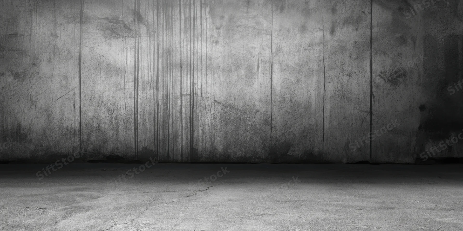 Weathered concrete wall with vertical seams and cracks in empty industrial interior