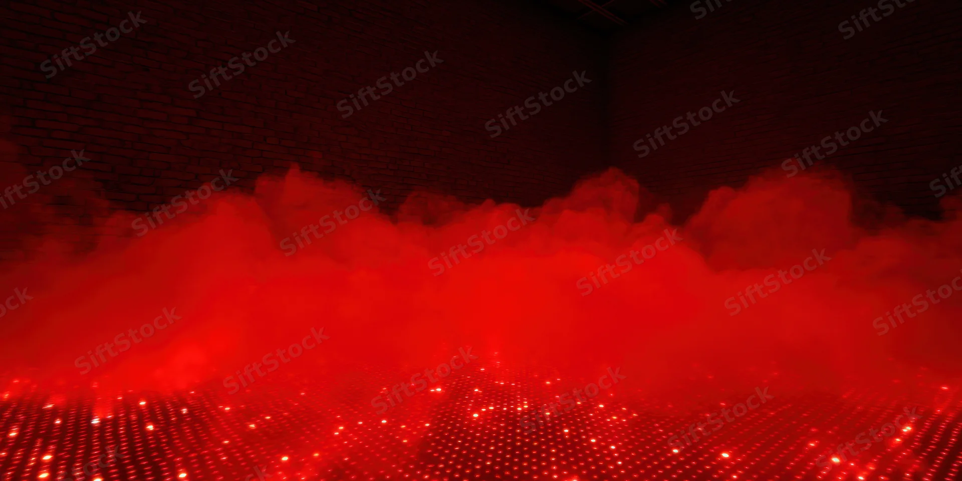 Red fog rolling over a grid of glowing lights on a brick-walled floor
