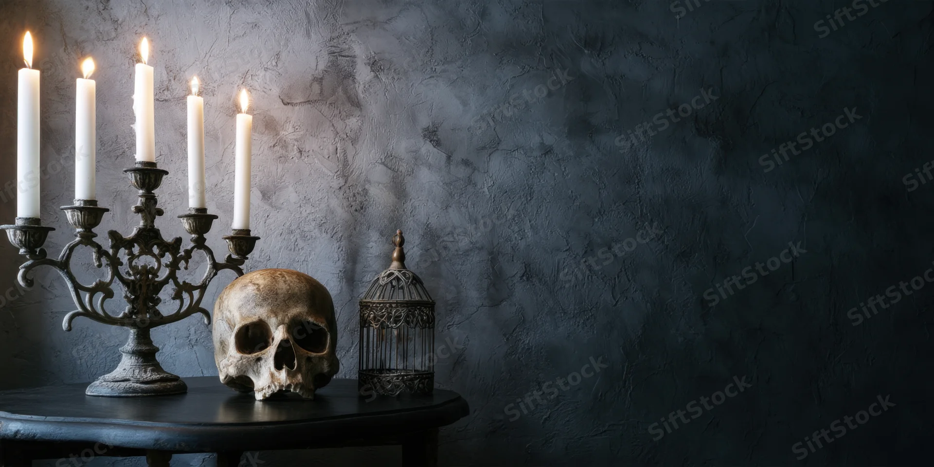 Ornate candelabrum with lit candles beside a human skull and small birdcage on a dark table against a textured wall