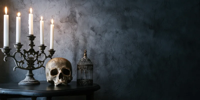 Ornate candelabrum with lit candles beside a human skull and small birdcage on a dark table against a textured wall