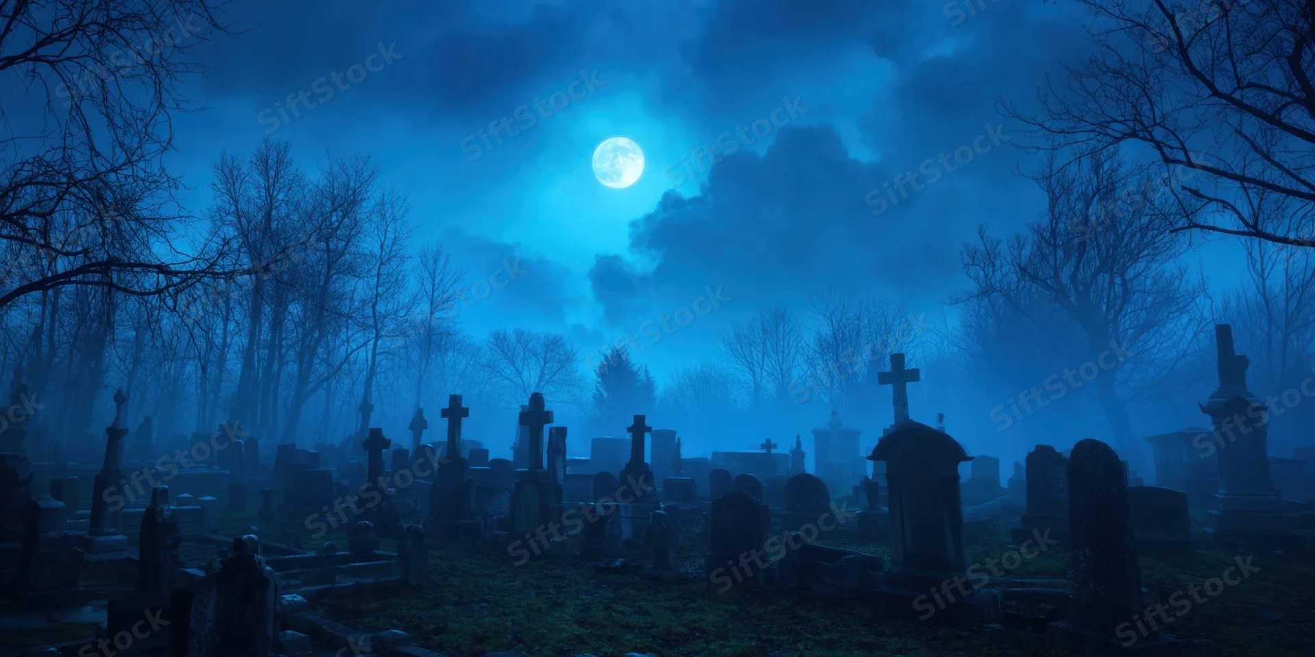 Moonlit cemetery with weathered tombstones and bare trees shrouded in blue fog