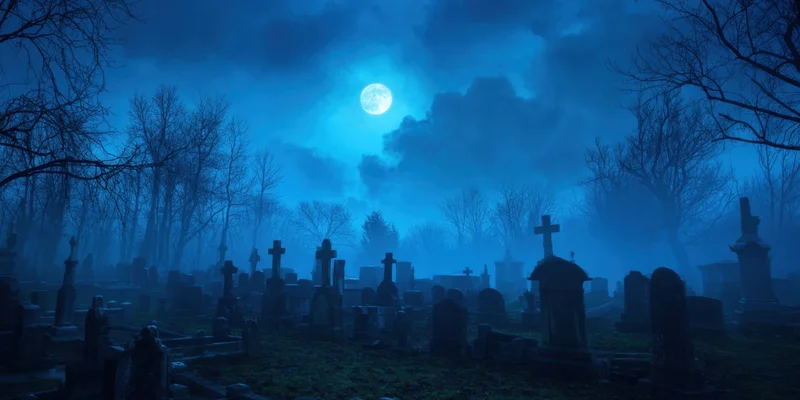 Moonlit cemetery with weathered tombstones and bare trees shrouded in blue fog