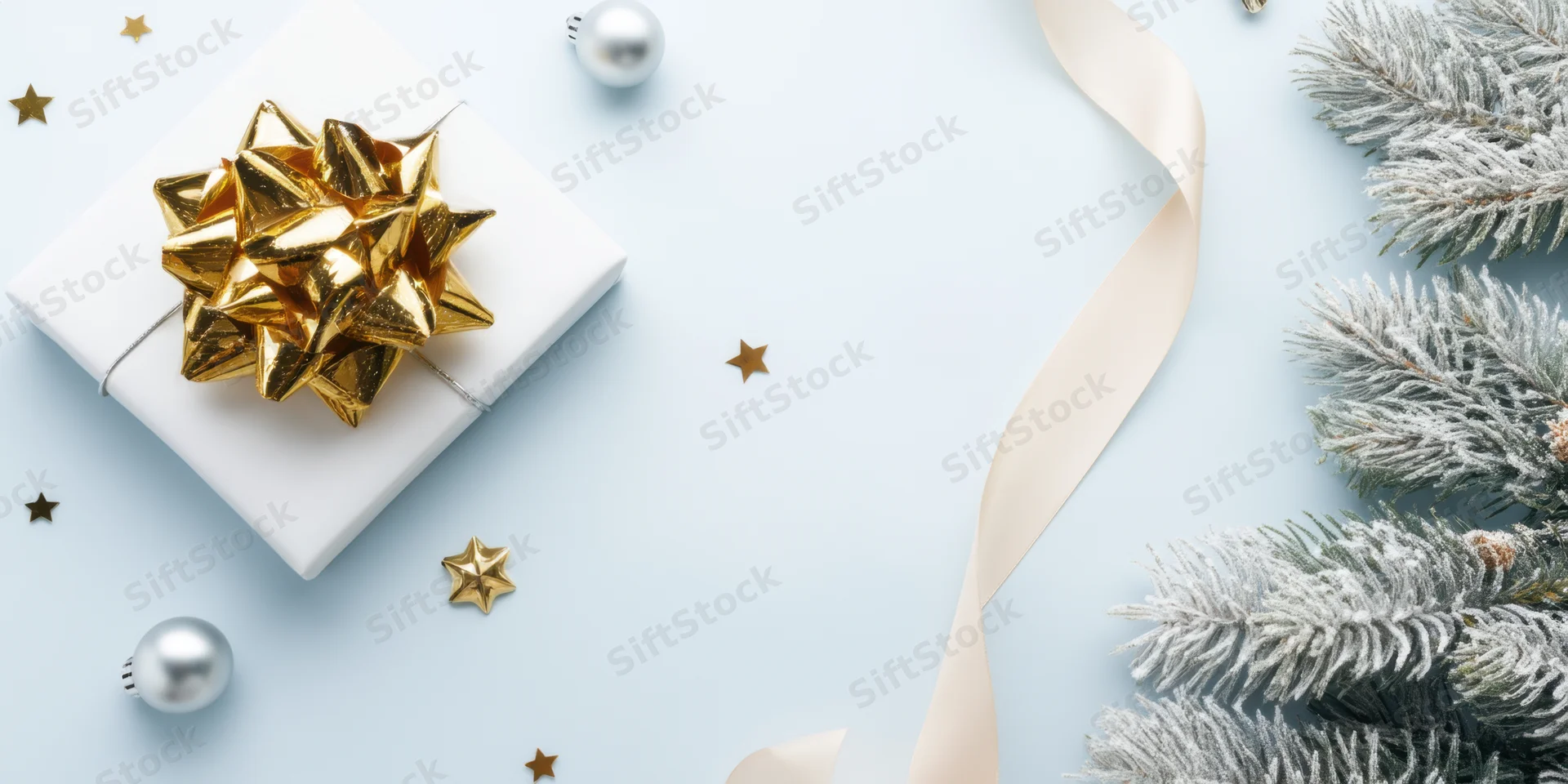 White gift box with gold bow and christmas decorations on pale blue background flat lay