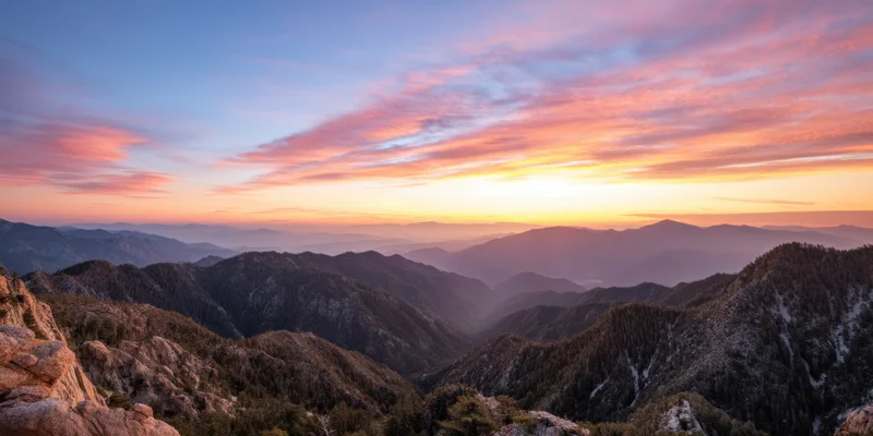 Panoramic sunrise over rugged forested mountains and rocky ridges in a mountain valley