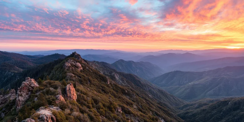 Panoramic sunrise over rugged forested mountains and rocky peaks in a layered valley landscape