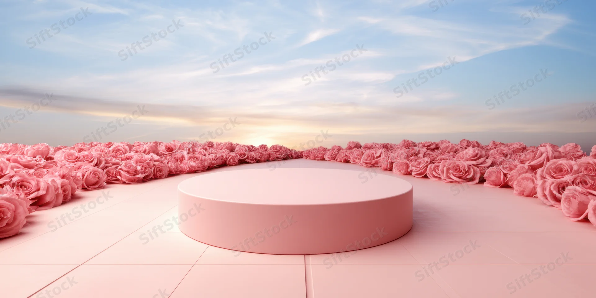 Circular pink pedestal surrounded by roses in a studio space with sky and sunset in background