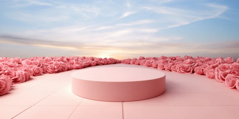 Circular pink pedestal surrounded by roses in a studio space with sky and sunset in background