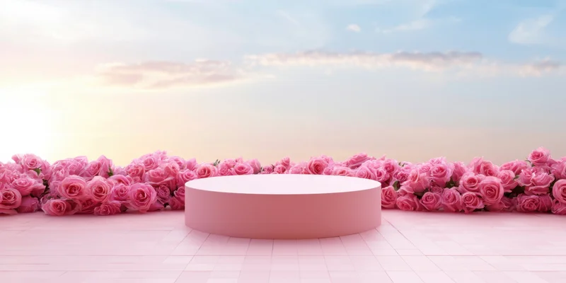 Circular pink pedestal surrounded by roses in a pastel studio setting