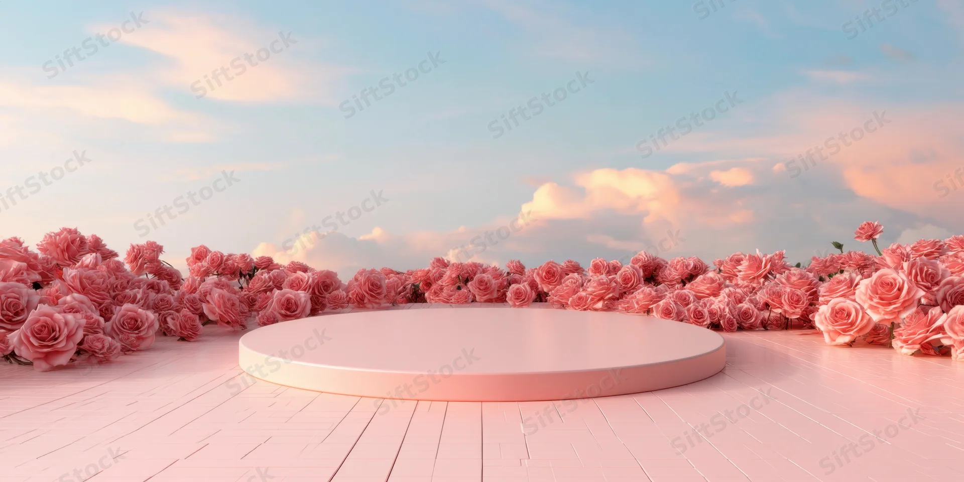 Circular pink pedestal surrounded by roses on wooden floor under soft sky