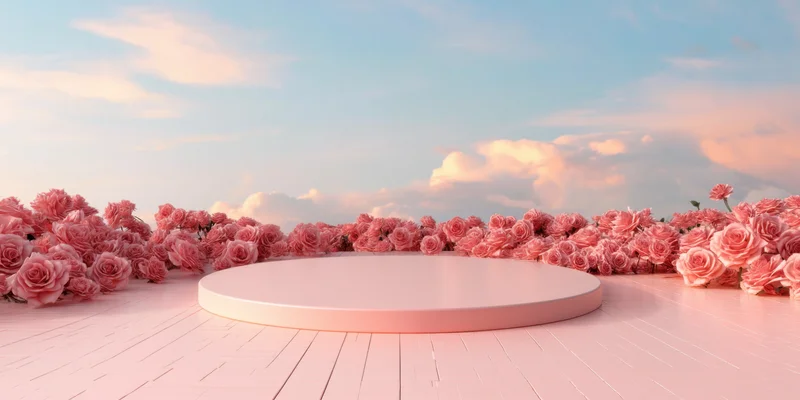 Circular pink pedestal surrounded by roses on wooden floor under soft sky