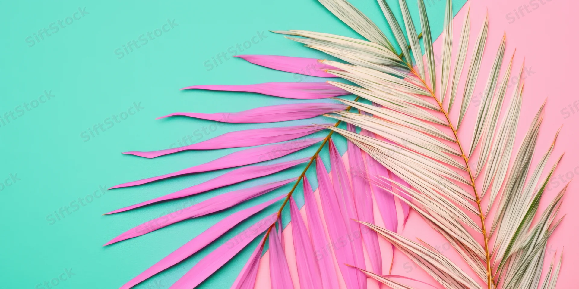 Pink and teal palm leaves arranged on a split pastel background with copyspace